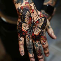 Dazzling Butterfly Hand Tattoo Tattoo Files Beadwork Tattoo, Red Tattoo Sleeve, Art Of Butterfly, Bright Colorful Tattoos, Tattoo School, Husband Tattoo, Believe Tattoos, Wing Butterfly