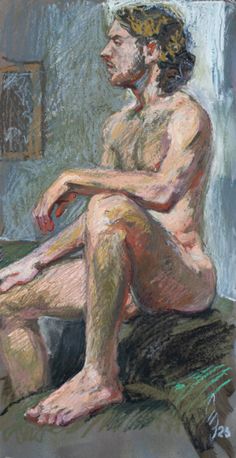 a drawing of a naked man sitting in front of a mirror