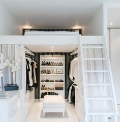 an open closet with white shelves and shoes on the bottom shelf, along with a ladder leading up to it