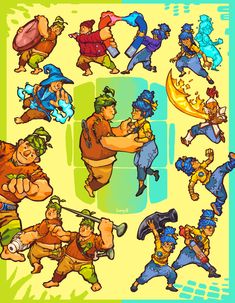 an image of cartoon characters with different poses and expressions on the same page, each character has