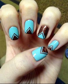 Nails Teal And Rust Nails, Camping Nail Ideas, Turquoise And Brown Nails, Brown And Turquoise Nails, Brown And Teal Nails, Turquoise Nails Western, Southwest Nails, Blue And Brown Nails, Nails Blue Design