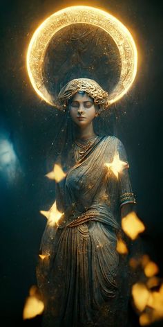 a statue with stars around it in the night sky, surrounded by bright lights and sparkles