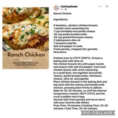 the recipe for ranch chicken is shown in an advertizer's description card