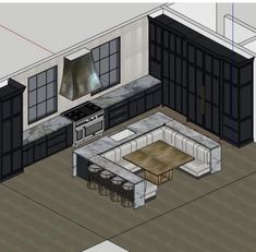 a computer rendering of a kitchen and dining room with an island in the center, as well as cabinets on both sides