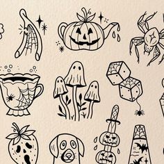 halloween doodles are drawn in black and white