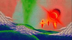 an abstract painting of two people walking on the ocean under a red and green sun