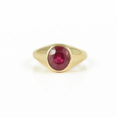 "> Material - 14K Solid Yellow Gold > Gemstone - Genuine Ruby > Gemstone Shape - Round > Gemstone Weight - 3.010 Ct > Gross Weight - 5.55 Grams Any jewelry that carries a Ruby signifies so much passion and love between two people, that it makes Ruby an ideal choice for engagement or Valentine's Day jewelry. \"A drop of the heart's blood of Mother Earth\" is how the ruby is described in the Orient. The Indians call the ruby Ratnanayaka, the lord of the gemstones. The ruby is associ Classic Ruby Signet Ring, Classic Ruby Signet Ring As A Gift, Classic 14k Gold Ruby Birthstone Ring, Yellow Gold Signet Ring With Round Stone For Gift, Classic Yellow Gold Signet Ring With Birthstone, Classic 14k Stamped Ruby Ring As Gift, Classic 14k Gold Birthstone Ring With Smooth Bezel, Heirloom Signet Ring With Gemstone, 14k Gold Signet Ring With Birthstone