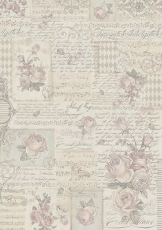 an old fashioned wallpaper with roses and letters on the side, in shades of pink