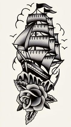 an old school tattoo design with a ship and roses on the side, done in black ink