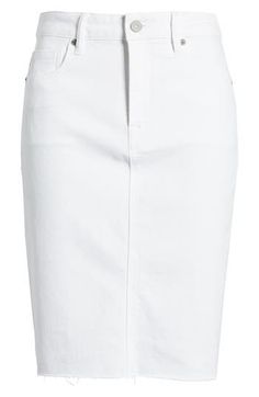 A raw hem brings vintage style to this denim pencil skirt made with a hint of stretch and a crisp white wash. 21" length Zip fly with button closure Five-pocket style 74% cotton 25% polyester, 1% spandex Machine wash, tumble dry Imported Workwear Short Cotton Denim Skirt, Short Cotton Denim Skirt For Work, Classic Cotton Denim Skirt For Spring, Fitted White Denim Skirt, Casual White Cotton Pencil Skirt, White Cotton Pencil Skirt For Summer, Classic Cotton Denim Skirt, Cotton Pencil Skirt With Frayed Hem, Classic Cotton Pencil Skirt For Spring