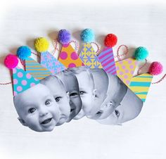 a group of photos with birthday hats and pom - poms hanging from them