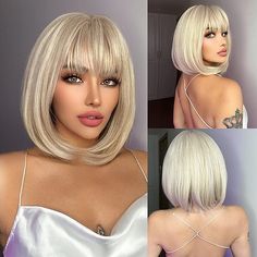 Category:Synthetic Wig; Gender:Women's; Wig Type:Natural Wigs; Occasion:Daily Wear,Party / Evening,Vacation,Daily,Birthday; Age Group:Adults; Color Shade:Blonde; Hair Material:Synthetic Hair; Cap Construction:Machine Made; Texture:Straight; Length:Short; Features:Soft,Fluffy,Comfortable,Fashion,Easy to Carry; Heat Resistant:Yes; Listing Date:06/06/2022; Cap Circumference:; Front to Back:; Nape of Neck:; Side to Side Across Forehead:; Side to Side Over Top:; Temple to Temple Across Back:; Hairstyle:Bob; Can Be Permed:No Platinum Blonde Bobs, Bob Wig With Bangs, Blond Ombre, Color Rubio, Blonde Bob Wig, Wavy Hairstyles Medium, Medium Bob Hairstyles, White Blonde, Colored Wigs