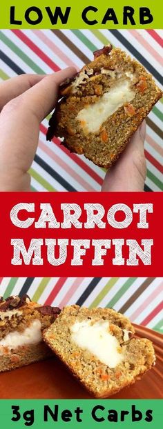 carrot muffins with cream cheese on top and the words low carb carrot muffin