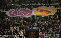 a large group of people standing on top of a field next to flags and banners