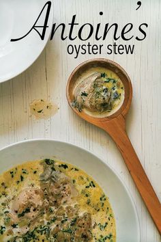 the cover of an article about antoinne's oyster stew, with a spoon next to it