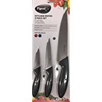 3 piece knife set with black handles and floral design on the front, packaged in a package