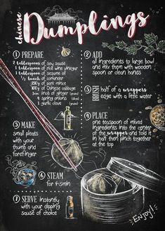 a chalk board with instructions on how to make dumplings and what to use them