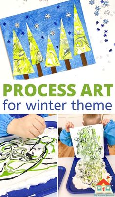 process art for winter theme with snowflakes and trees