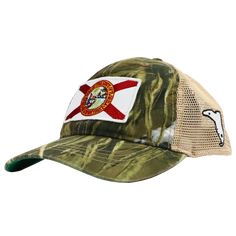 a camo hat with the flag of florida on it and a fish in the center