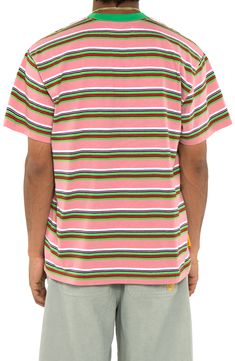 Multihued stripes look sharp on a this all-cotton T-shirt topped with a contrasting ringer neck. 27 1/2" length (size Medium) Crewneck Short sleeves 100% cotton Machine wash, tumble dry Imported Green Cotton Tops With Signature Stripes, Casual Pink Tops With Contrast Stripes, Pink Cotton Top With Contrast Stripes, Cotton T-shirt With Striped Collar And Relaxed Fit, Cotton T-shirt With Striped Collar, Relaxed Fit, Relaxed Fit Cotton T-shirt With Striped Collar, Contemporary Accessories, Trish Mcevoy, Round Two