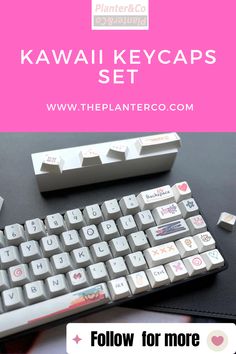 a keyboard with the words kawaii keycaps set above it and below it