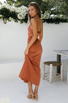 Length from shoulder to hem of size S: 114cm Midi dress. Not-lined. Cold hand wash only. Model is a standard XS and is wearing XS. True to size. Satin finish. Open back. No zipper. Slip-on style. Polyester. You'll be screaming GIVE IT TO ME! When you see this glorious dress; a howl neckline with a backless feature all encapsulated in a satin finish. Hell yes. Style yours with knee-high boots and statement earrings. Orange Satin Dress, Orange Satin, Dress Orange, Children Shoes, Me When, Satin Dresses, Satin Finish, Knee High Boots, Open Back