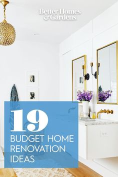 a white bathroom with blue and gold decor on the wall, and text that reads 19 budget home renovation ideas