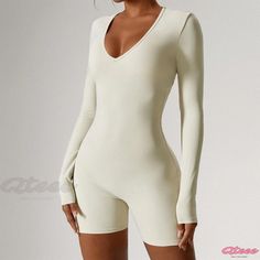 Qteee - Long-sleeved Bodysuit for Yoga, Dance, Fitness - Sleek and Figure-hugging One-Piece Activewear Stretch V-neck Bodysuit For Workout, White Fitted Bodysuit For Sports, V-neck Stretch Bodysuit For Workout, High Stretch Solid Color V-neck Jumpsuits And Rompers, Flexible White Long Sleeve Jumpsuits And Rompers, White High Stretch Long Sleeve Jumpsuits And Rompers, White Long Sleeve High Stretch Jumpsuits And Rompers, Stretch Jumpsuits And Rompers With Thumbholes, Summer Bodysuit With Thumbholes