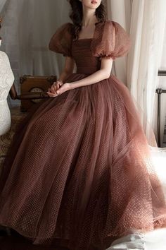 Bell Sleeves Brown Party Dress Brown Gowns Dresses, Bell Sleeved Dress, Brown Gown Aesthetic, Dresses With Square Necklines, Brown Princess Dress, Real Princess Dresses, Party Dresses Aesthetic, Brown Gown Dress, Fairy Party Aesthetic