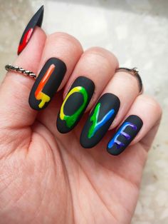 Nails different from the others, however, all the time in the same theme. The base is matte black, and on it is a rainbow spilling 'love' lettering. Do you like having your nails done, but don't have time to go to the salon? Fejki are a perfect solution for you.  Fejki are hand-painted press-on nails, which you only need to glue to your nails and if you treat them right, they are reusable. In the set you will find a file, a nail polisher, a cuticle stick, a cotton pad with alcohol, glue and stic Love Is Love Nails, Pride Short Nails Designs, Nail Art Matte, Es Nails, Nails Done, Short Nail Designs, Simple Nail Designs, Time To Go