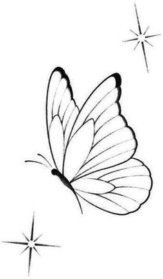 a black and white drawing of a butterfly flying through the air with stars in the background