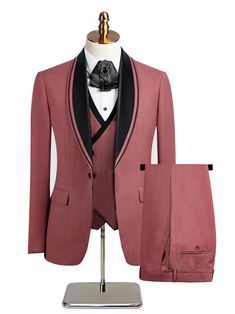 Black Lapel Blush Red Tuxedo Red Tuxedo, Prom Dinner, Button Shawl, Red Carpet Party, Top Clothes, Wedding Suit, 3 Piece Suits, Suit Designs, Stylish Wedding