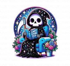 a skeleton sitting in a chair reading a book with flowers and stars around it, while holding