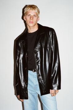 A 90's inspired vegan leather jacket. This staple silhouette from the heyday of 90's nightlife has been reimagined with a modern straight-fit and sleek, minimalist lines. Crafted from a buttery smooth, vegan leather that looks and feels like the real thing. Vegan Leather Jacket, 90s Inspired, Leather Blazer, Vintage Jacket, Black Blazers, Night Life, Vegan Leather, Spring Outfits, That Look