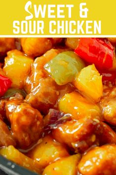 sweet and sour chicken with pineapples on top in a black skillet text overlay reads, sweet and sour chicken