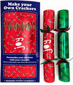 four crackers are wrapped in red and green wrapping paper, with the words make your own crackers printed on them