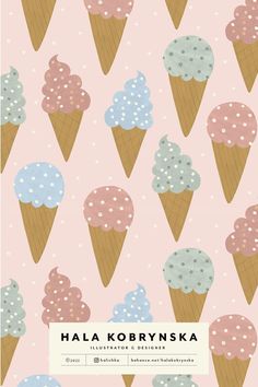 a pink background with ice cream cones and polka dots on the bottom, in pastel colors