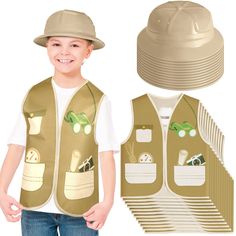 a young boy wearing a hat and vest next to an adult's sunhat