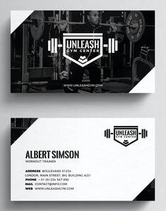 a business card designed to look like a gym equipment store with black and white accents