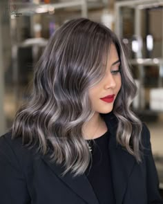 Grey Money Piece, Grey Blending Hair, Smokey Hair, Ash Blonde Hair Balayage, Gray Blending, Grey Blending, Brown Wavy Hair, Black Wavy Hair, Grey Hair Transformation