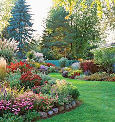 the garden is full of colorful flowers and plants, including trees in the back yard