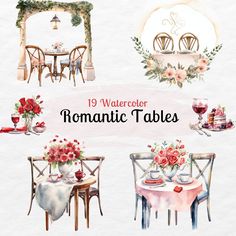 watercolor romantic tables with flowers and chairs