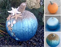 there are four different pumpkins decorated with shells and starfish on them, one is blue and the other is orange