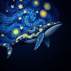 a blue whale with stars and swirls on it's body is floating in the air