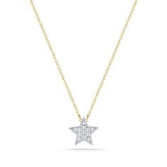 We're seeing stars! Our Julianne Himiko gold and diamond star necklace is what celestial dreams are made of. This single star pendant is adorned with pavé-set diamonds and hangs on a delicate diamond cut cable chain. Delicate and dainty, this charming necklace is perfect for layering. This is the must-have piece for all the Astrology lovers out there. It is available in 14k white, yellow, and rose gold with a spring-ring clasp and a sparkling mini-chain. The pendant is always white gold to show Star-shaped Diamond Necklace With Single Cut Diamonds, Star Shaped Diamond Necklace With Single Cut Diamonds, Diamond Star Charm Necklace, Diamond Star Necklace, Dana Rebecca Designs, Diamond Star, Diamond Pendant Necklace, Star Pendant, Star Necklace