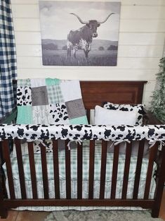 Neutral Crib Bedding- Farmhouse Mint and Black White Cow Minky Baby Bedding Collection - DBC Baby Bedding Co Neutral Crib Bedding, Farmhouse Style Bedding, Western Nursery, Cow Nursery, Neutral Crib, Baby Room Neutral, Baby Room Themes, Rustic Nursery, Baby Crib Bedding