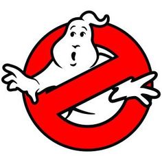 the ghostbus logo is red and white with a cartoon character in it's arms