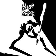 a black and white image of a person holding a knife with the words clash london calling on it