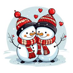 two snowmen are standing next to each other wearing hats, scarves and scarfs