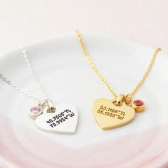 ♥ COORDINATES HEART NECKLACE WITH BIRTHSTONE♥ • Material: Solid 925 Sterling Silver • Finishing: Silver - Yellow Gold - Rose Gold • Dimensions: Pendant is approx. 5/8" x 5/8"• Character limit: 3-4 words• Necklace length: You can choose up to 24 inches (includes pendant's length)• By default, silver items comes with BLACK engraving and gold-plated item comes with CLEAR engraving.H O W • T O • O R D E R• To engrave on one side of the heart, choose "1 side" from engraving drop down menu.• To add pe Valentine's Day Birthstone Necklace For Best Friend, Silver Birthstone Necklace For Best Friend, Latitude Longitude Jewelry, Coordinates Jewelry, Distance Relationship Gifts, Word Necklace, Goodbye Gifts, Long Distance Relationship Gifts, Latitude Longitude